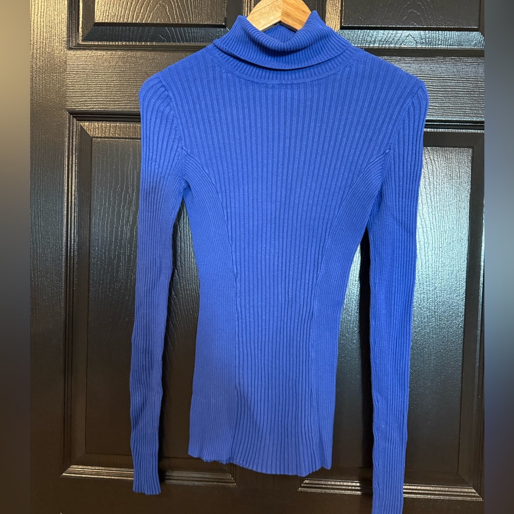 Blue Ribbed Turtleneck Sweater